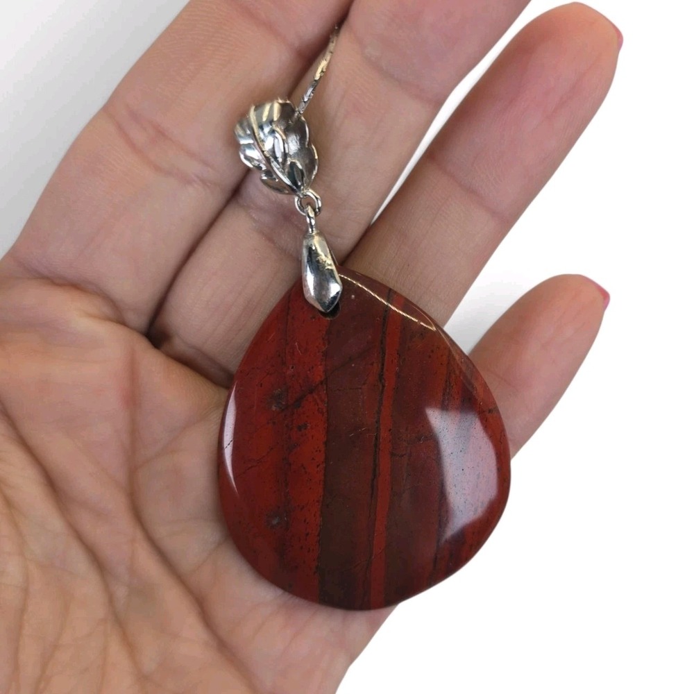 Large Red Banded Teardrop Pendant Necklace Silver Tone 20" Boho Statement - Picture 9 of 12